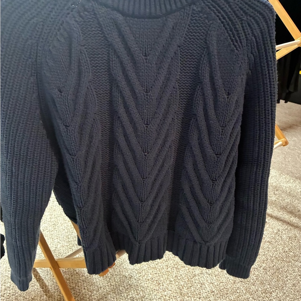 J. Crew Cable-Knit Mockneck Sweater Size XS Navy Blue 100% Cotton Fisherman Swea